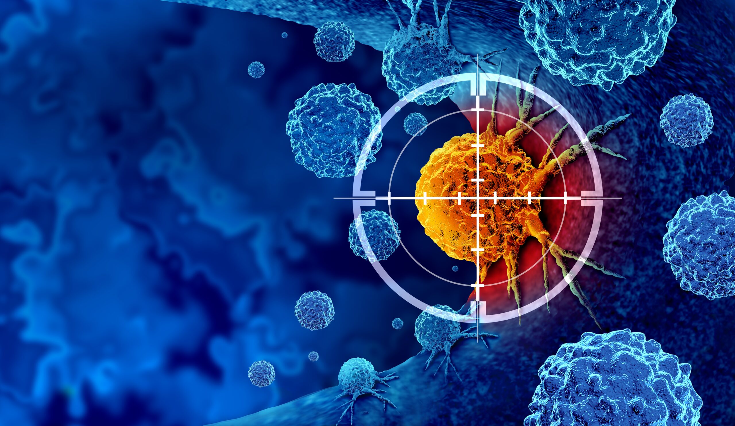 A target hovering over a cancer cell. The cancer cell is highlighted orange, the rest of the background is blue.